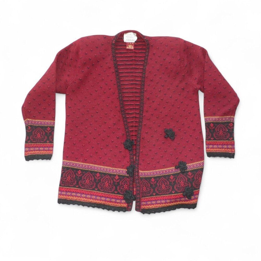 Susan Bristol Vintage Hand Embroidered Cardigan Sweater Women's S Burgundy Red